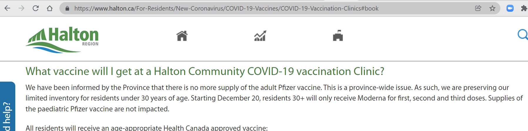 Screenshot from January 7, 2022 | There is a limited supply of adult-dose Pfizer vaccine according to the Halton Region vaccine booking site.